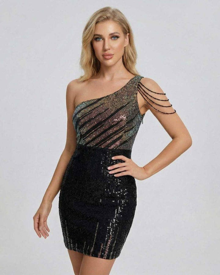 Vestido bodycon mini blanco de lentejuelas para mujer, estilo asimétrico de un hombro, elegante para fiestas.