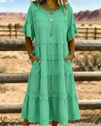 Vestido elegante midi de mujer, algodón y lino, con volantes, ideal para ocasiones de verano.