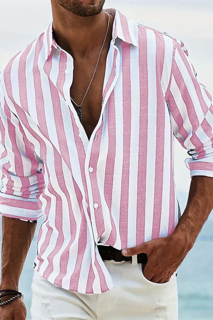 Camisa de lino de manga larga a rayas para hombre. Estilo fresco, cómodo y transpirable para el verano.