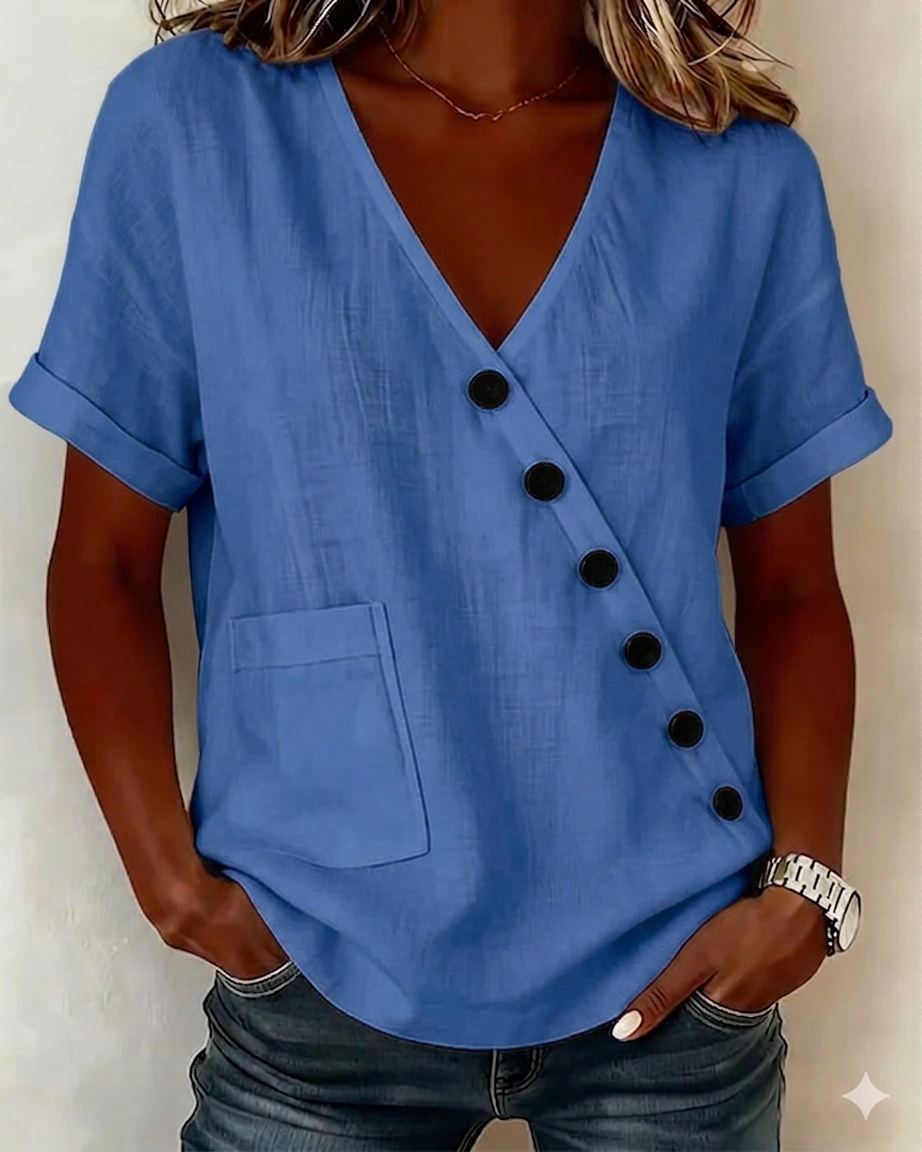 Top caqui de mujer con botones diagonales, escote V. Prenda holgada y cómoda, ideal para un look veraniego casual.