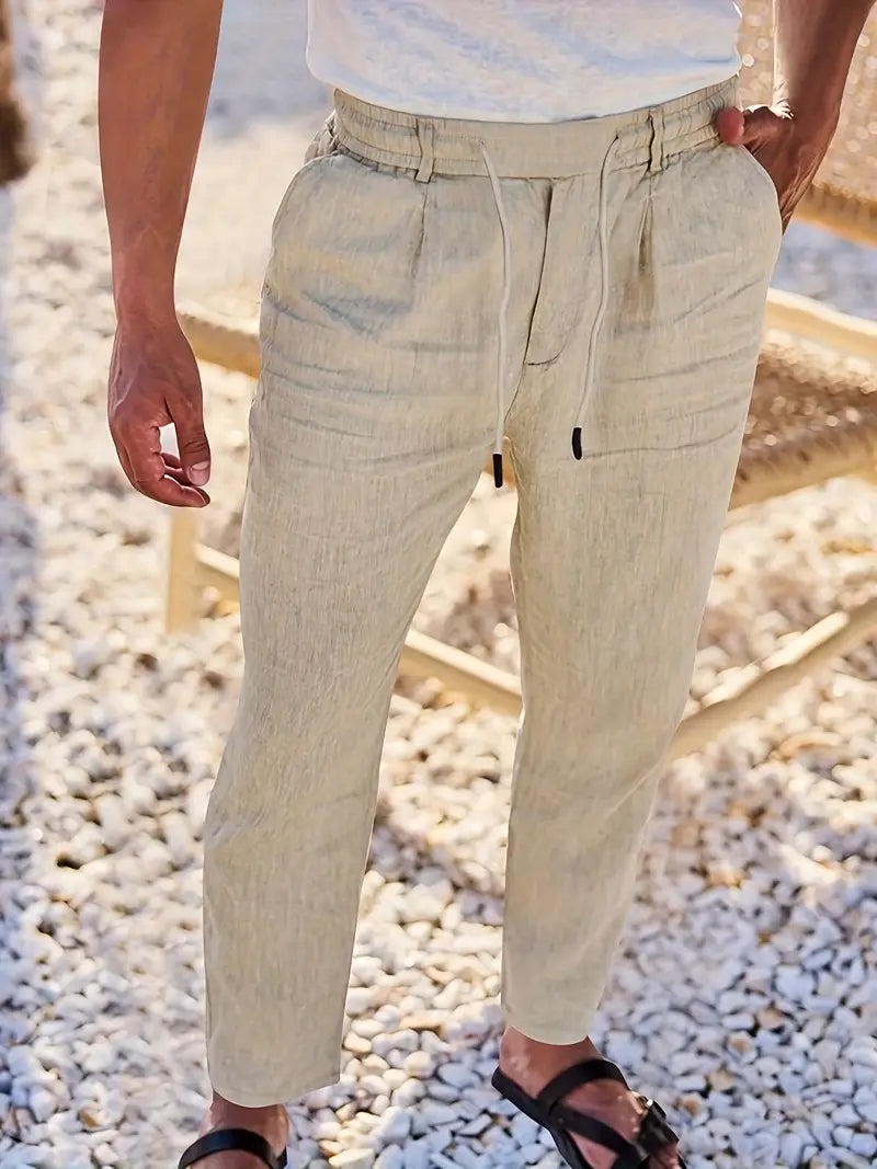 Pantalones de lino casuales de hombre, cordón, estilo relajado, perfectos para clima cálido.