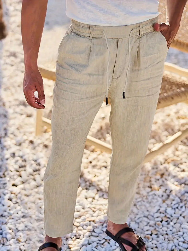 Pantalones de lino casuales de hombre, cordón, estilo relajado, perfectos para clima cálido.