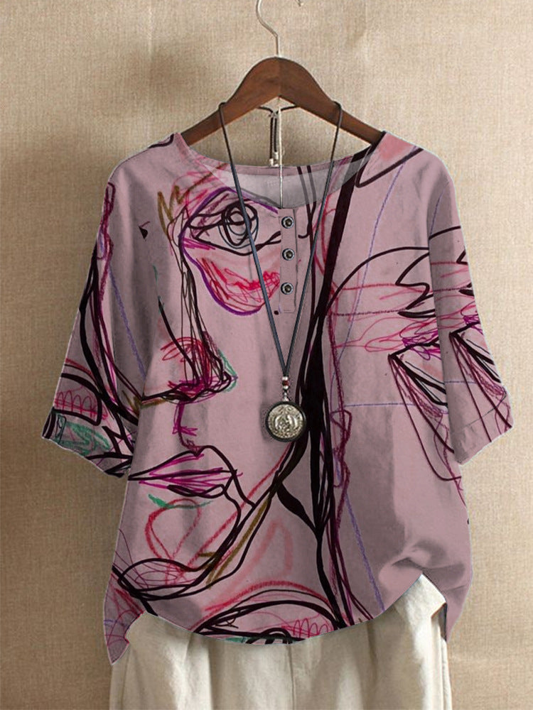 Blusa de mujer con mangas 3/4 y estampado abstracto. Ropa casual bohemia, tejido transpirable, disponible en tallas grandes.