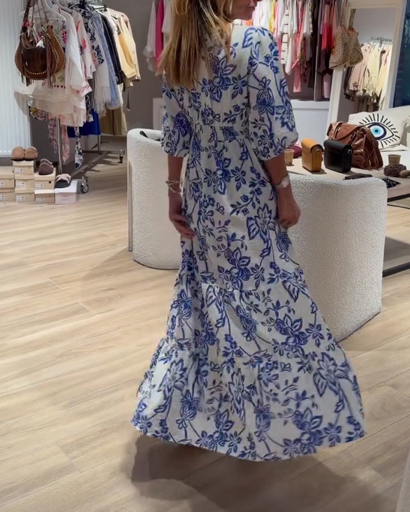 Vestido largo transpirable floral para mujer, con caída fluida. Elegante vestido maxi de verano con escote V.