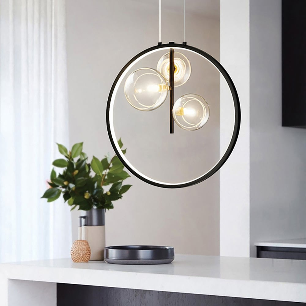 Lámpara de techo colgante LED esférica, vidrio y metal. Iluminación interior moderna y minimalista para salón.