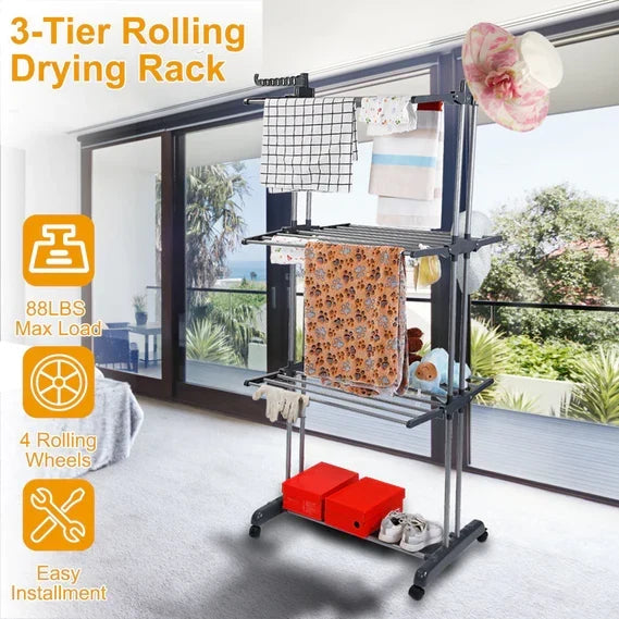 Tendedero resistente y plegable para secado de ropa, rodante, ideal para interior/exterior y organización del hogar.