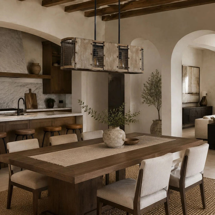 Colgante de techo industrial de 5 luces con detalles de madera y malla metálica. Iluminación para hogar moderno.
