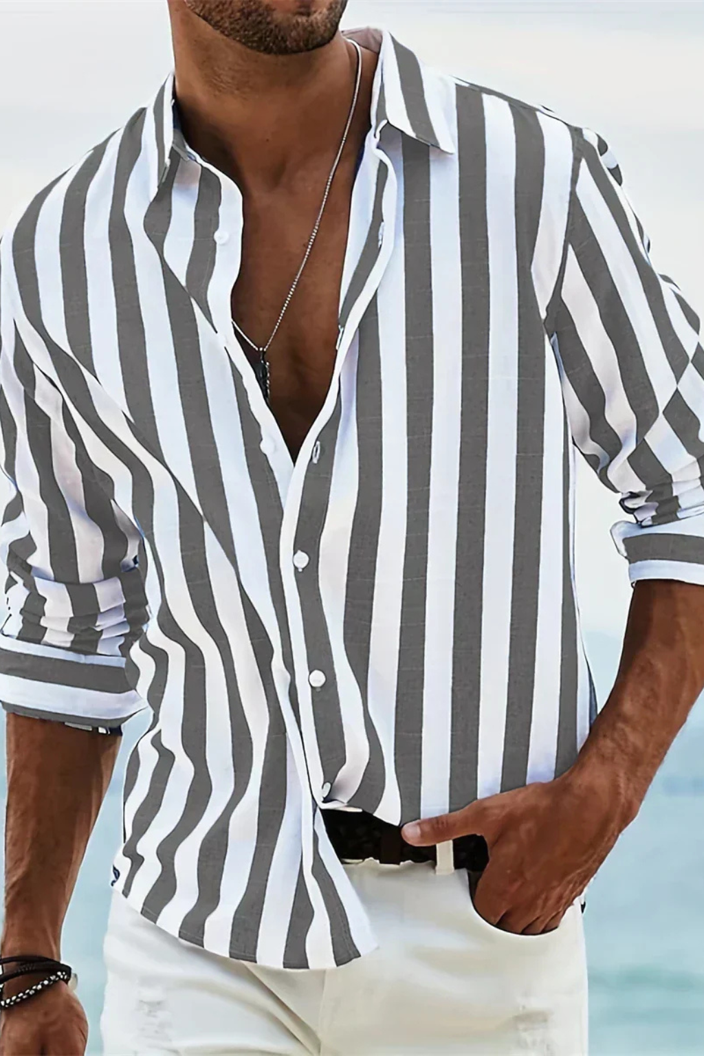 Camisa casual de lino a rayas para hombre. Estilo moderno, transpirable y muy cómoda para el día a día.
