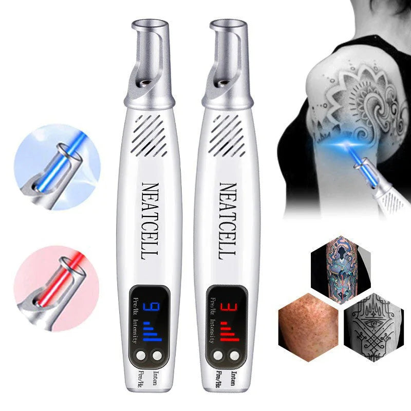 Lápiz láser multifunción para eliminar tatuajes, cuidado de la piel y estética con luz dual.