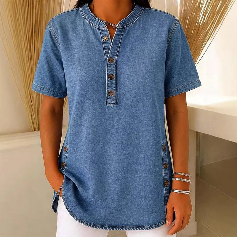 Túnica casual de mujer con cuello V y botones decorativos, ideal para primavera-verano.
