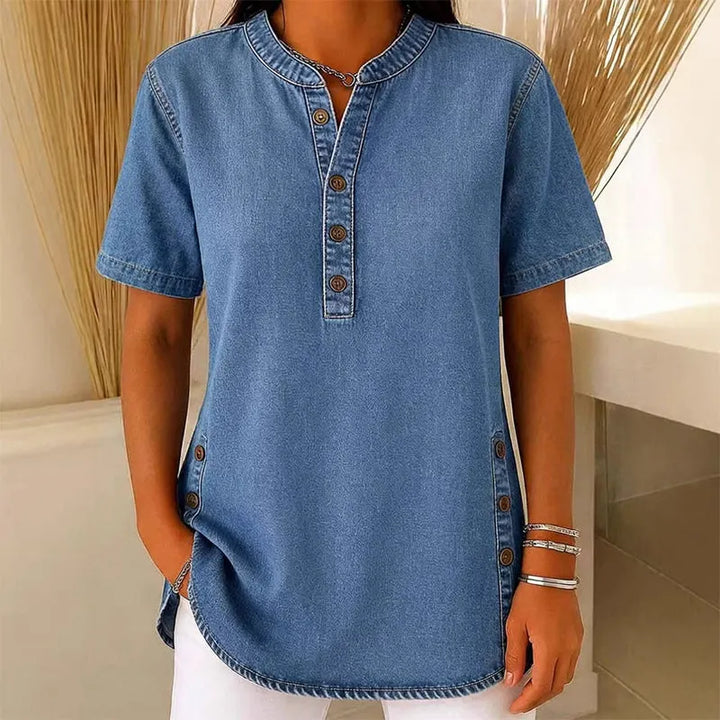 Túnica casual de mujer con cuello V y botones decorativos, ideal para primavera-verano.