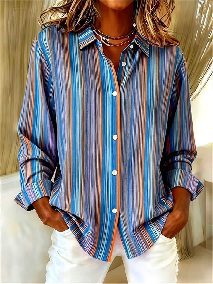 Camisa de mujer a rayas, manga larga, estilo casual elegante, ideal para oficina o uso diario.