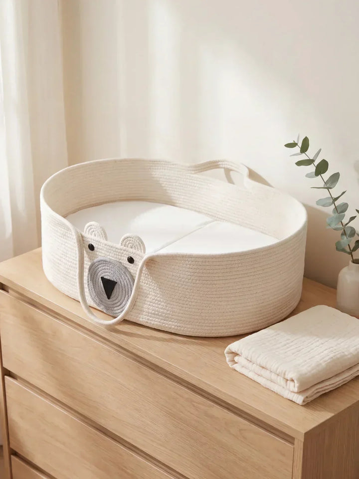 Cesta cambiador de bebé Ourson con diseño de oso en algodón trenzado. Decoración tierna y funcional para guardería.