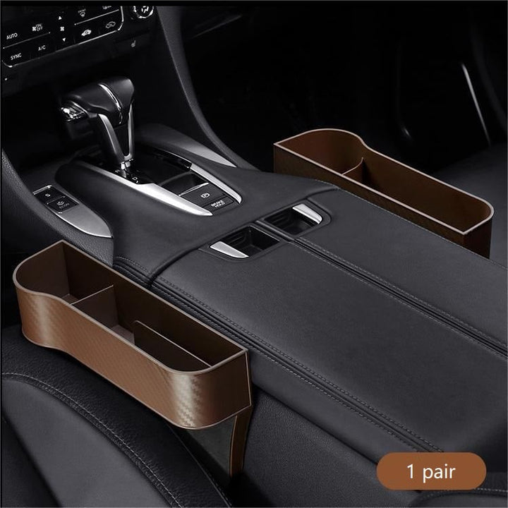 Consola de almacenamiento compacta para coche, con portavasos y ranura para cartera.