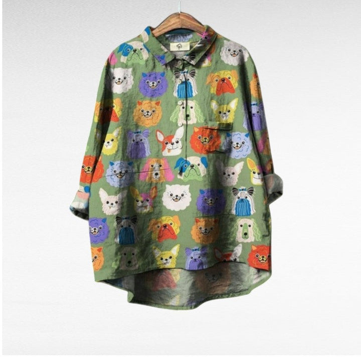 Blusa casual-elegante para mujer, estampado veraniego, mangas largas. Perfecta para el día a día.