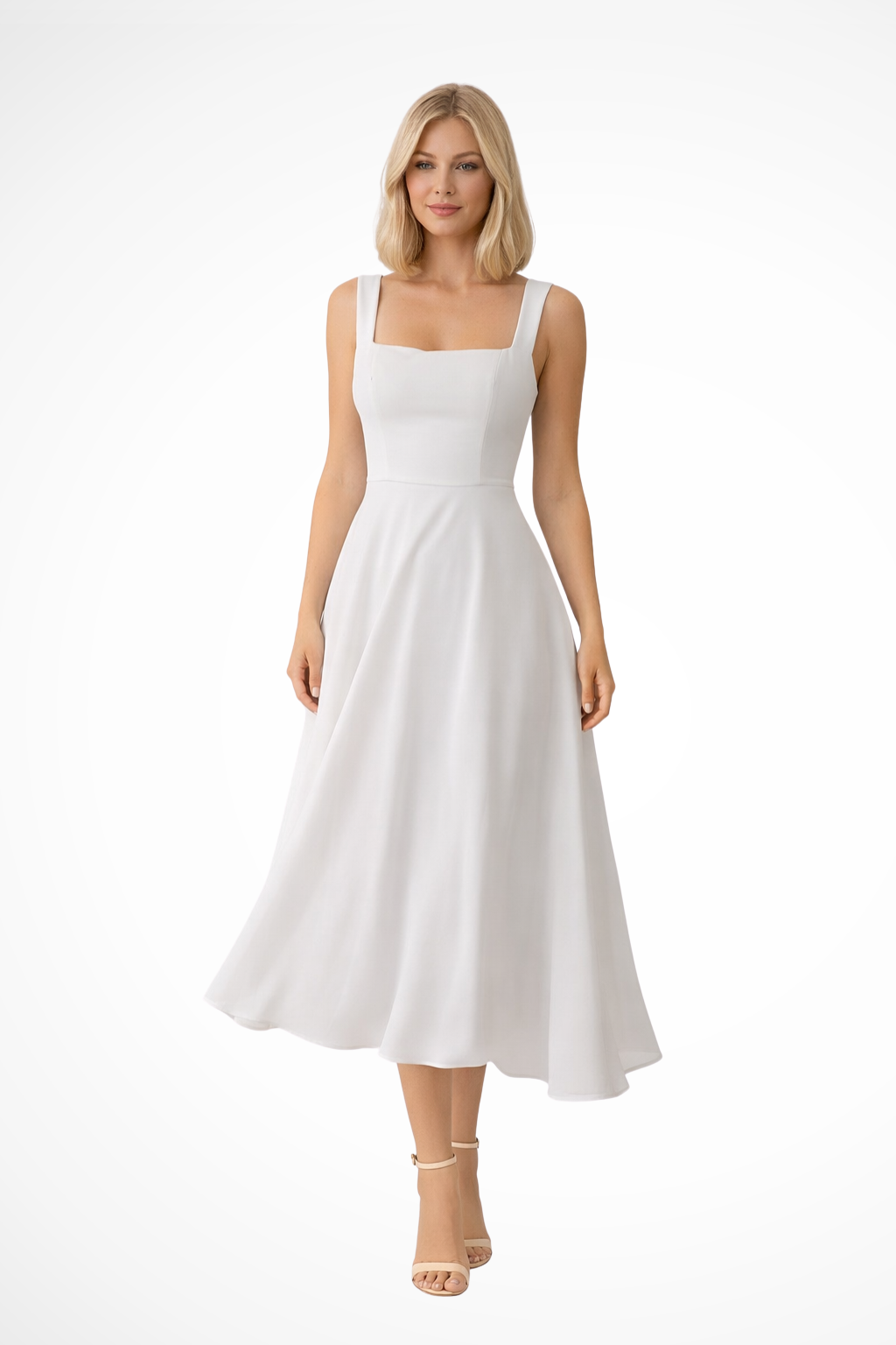 Vestido midi elegante de invitada con escote cuadrado, perfecto para fiesta y ocasiones especiales de mujer.