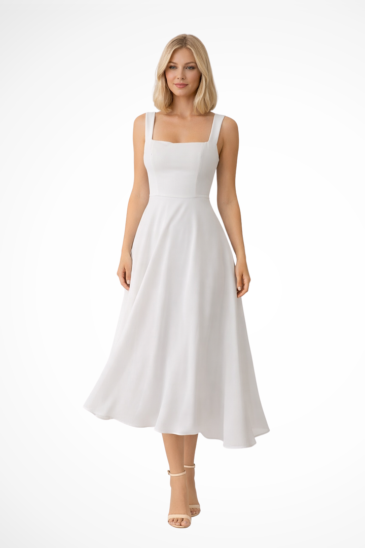 Vestido midi elegante de invitada con escote cuadrado, perfecto para fiesta y ocasiones especiales de mujer.