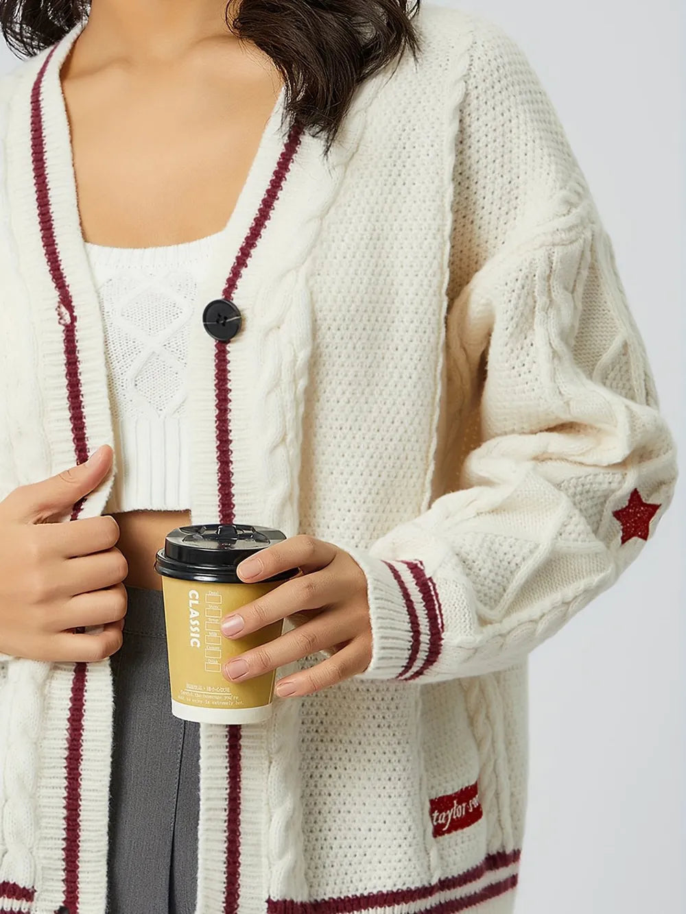 Suave cárdigan de punto para mujer, con estampado de estrellas y cuello V, ropa casual.