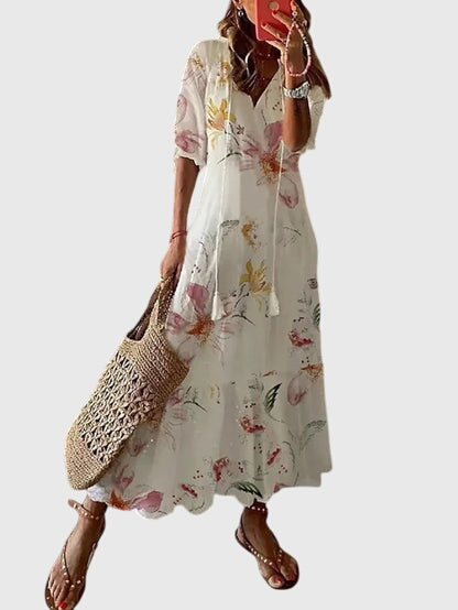 Vestido maxi boho floral vintage con escote V, fluido y cómodo. Ideal para mujer en verano.