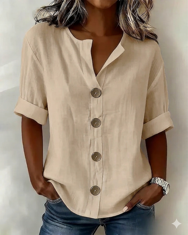 Blusa de algodón transpirable para mujer, estilo suelto con botones frontales. Perfecta para comodidad diaria y clima cálido.