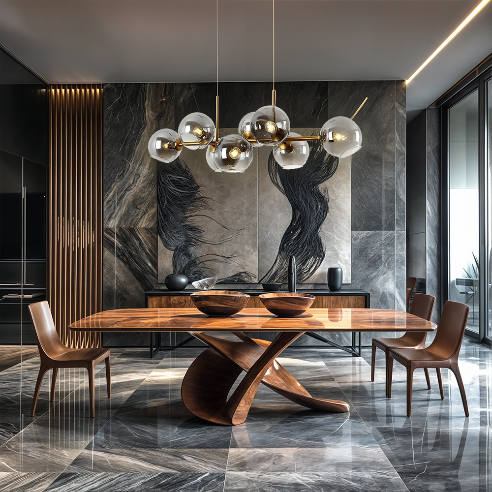 Araña LED de burbujas, diseño moderno negro y dorado, ideal para decoración de interiores.