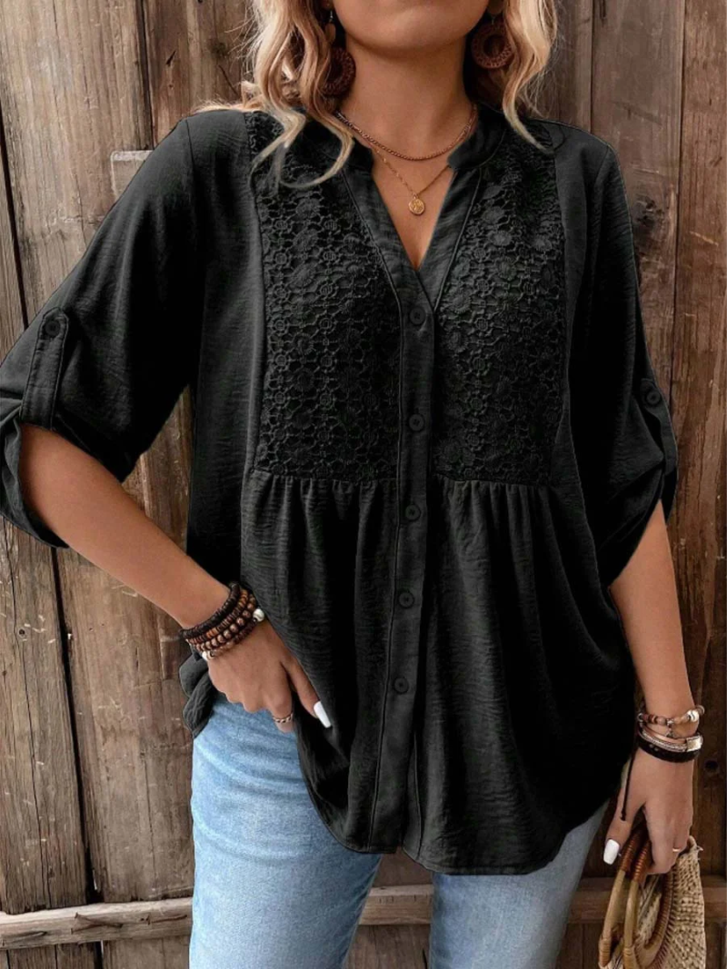Blusa casual de mujer con diseño de botones y escote V, manga larga, ideal para combinar con cualquier atuendo.