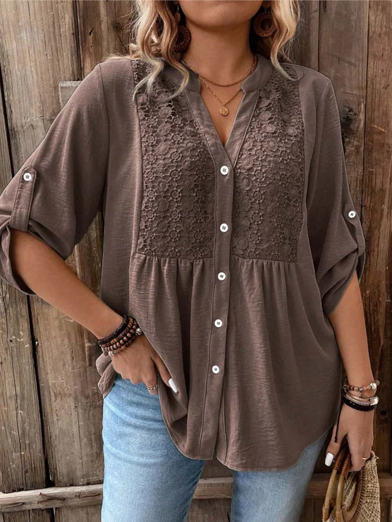 Blusa de moda femenina con escote V y botones, estilo holgado y manga larga, perfecta para un look casual chic.