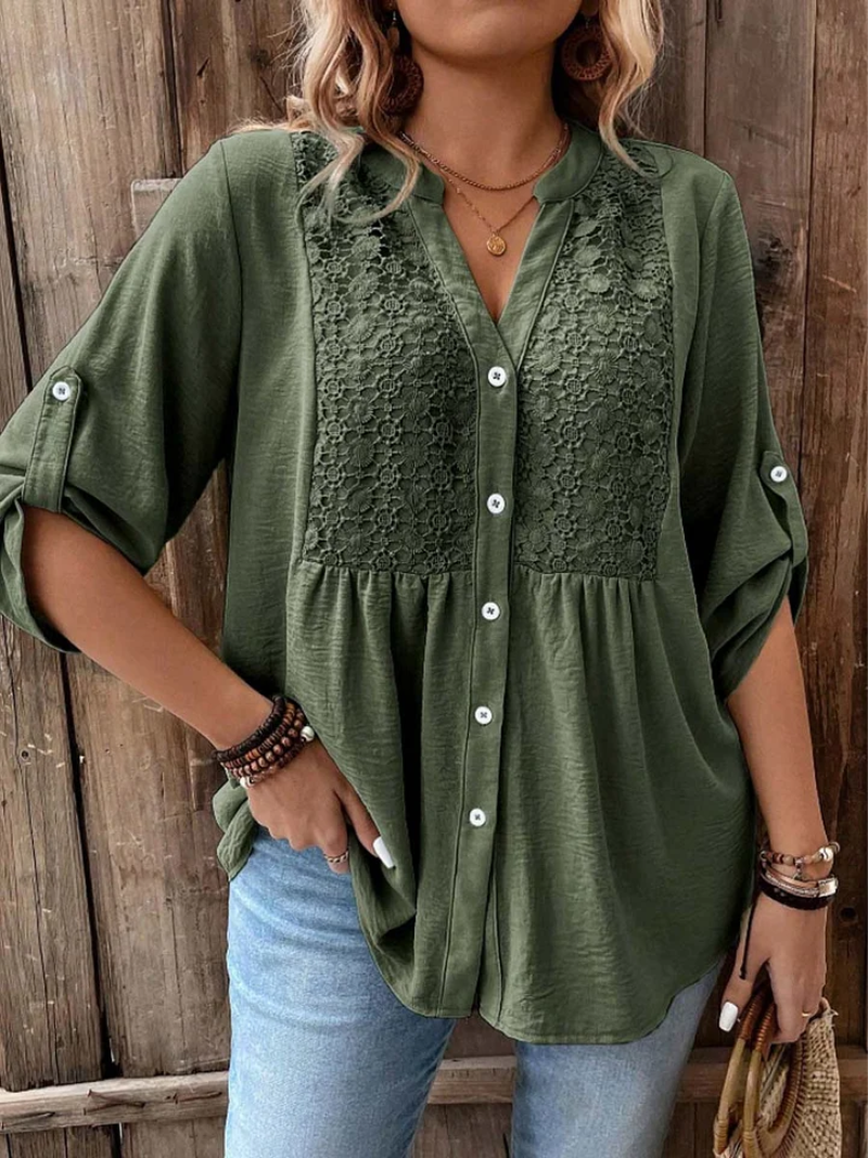 Moda femenina: blusa de verano para mujer con botones frontales y escote en V, cómoda y muy estilosa.