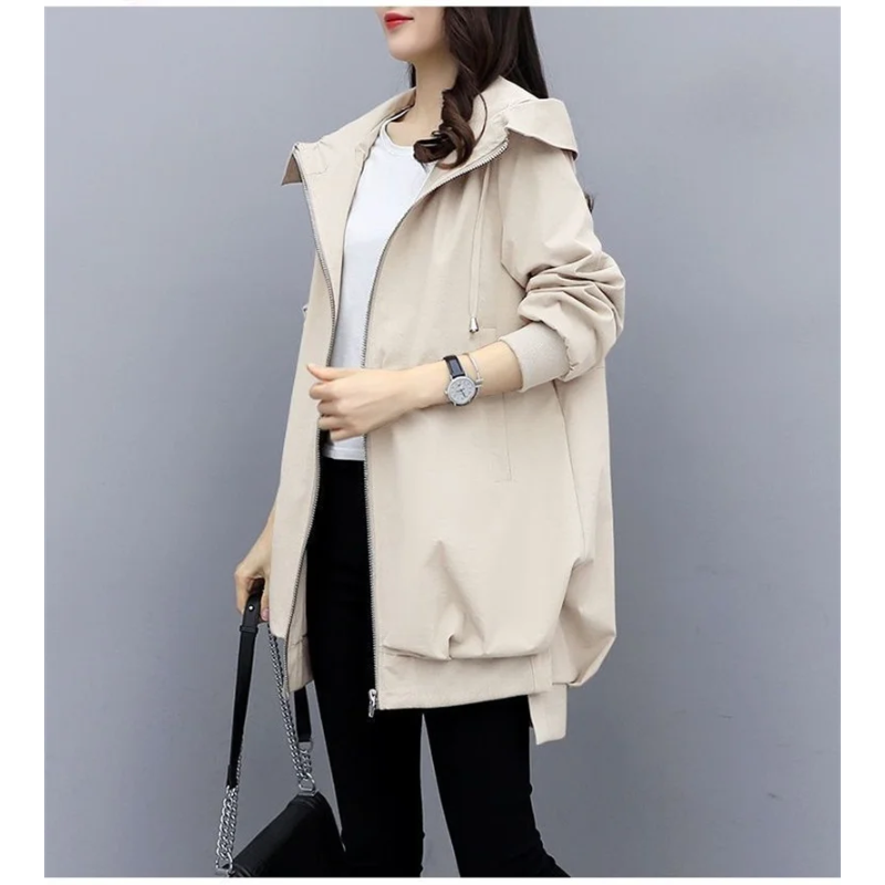 Trench coat casual chic, ligero y con cremallera, moda femenina para primavera/otoño.