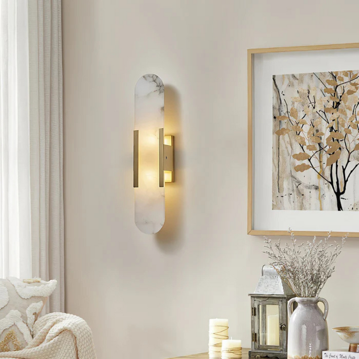 Lámpara de pared LED con base de mármol, diseño moderno para interior, luz decorativa y elegante.