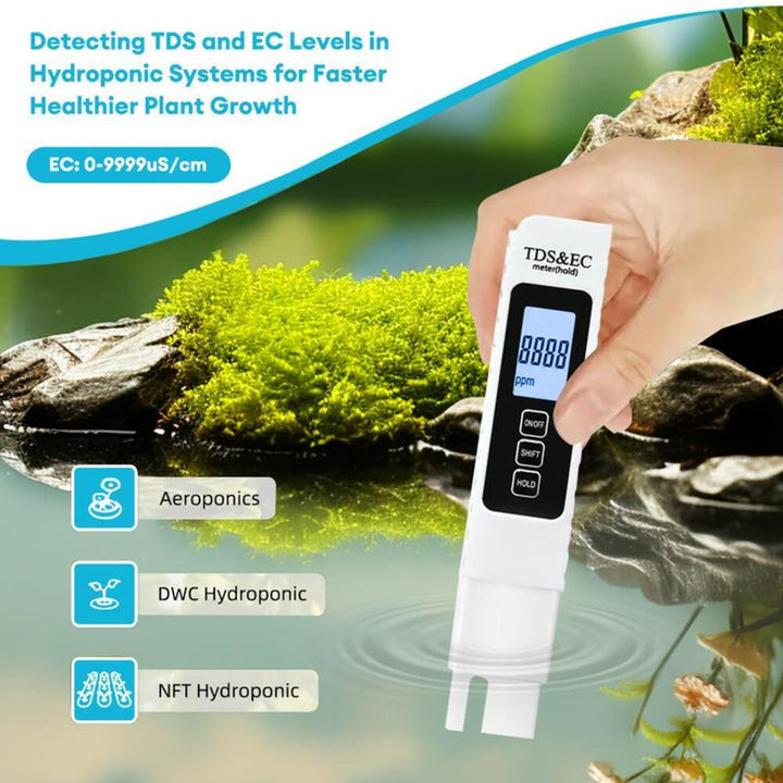 Medidor digital de agua con pantalla LCD, mide TDS, EC y temperatura. Fácil lectura para análisis de calidad en el hogar.