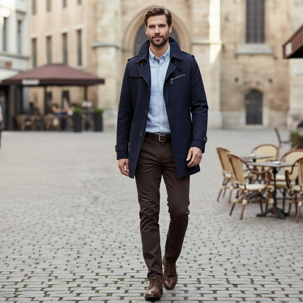 Gabardina impermeable hombre estilo militar, abrigo elegante con bolsillo seguro, ideal para otoño/primavera.