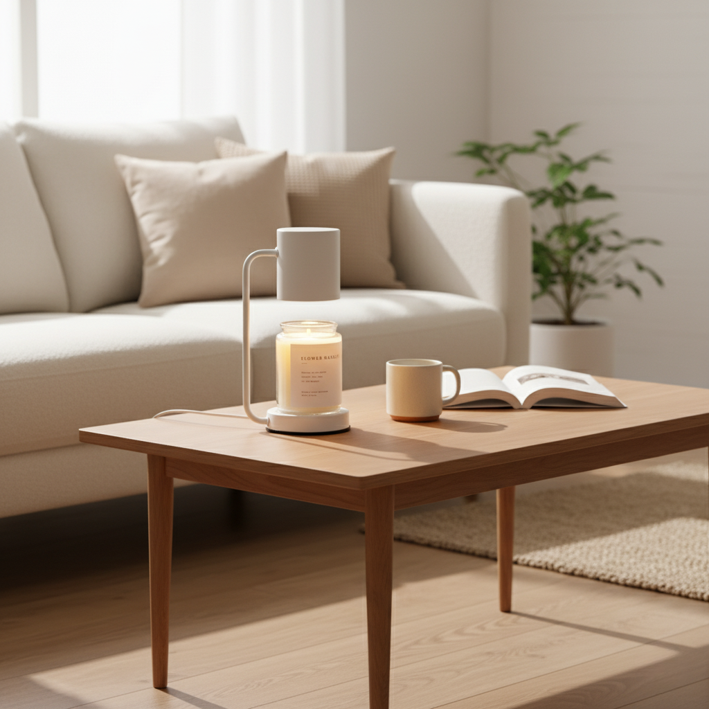Calentador de velas eléctrico moderno, difunde fragancia segura sin llama. Ideal para decoración escandinava.