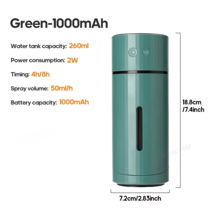 Humidificador de viaje compacto y recargable con luz LED, nanoniebla ultrasónica para hidratación y confort.