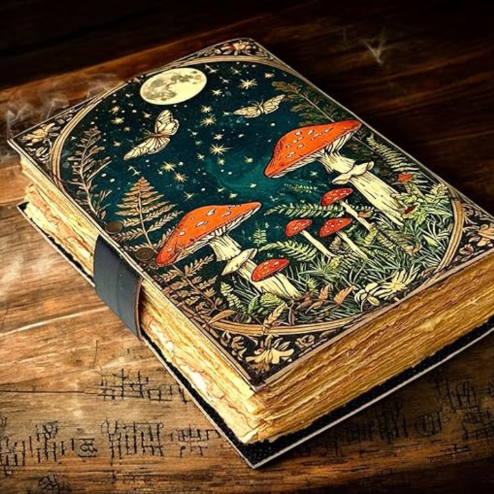 Elegante cuaderno de cuero místico artesanal estilo vintage, 18x13 cm, con páginas en blanco para crear tu diario.