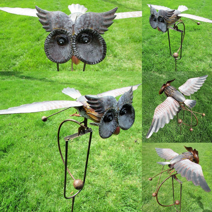 Arte de jardín en metal con molino de viento de aves, decoración exterior dinámica.