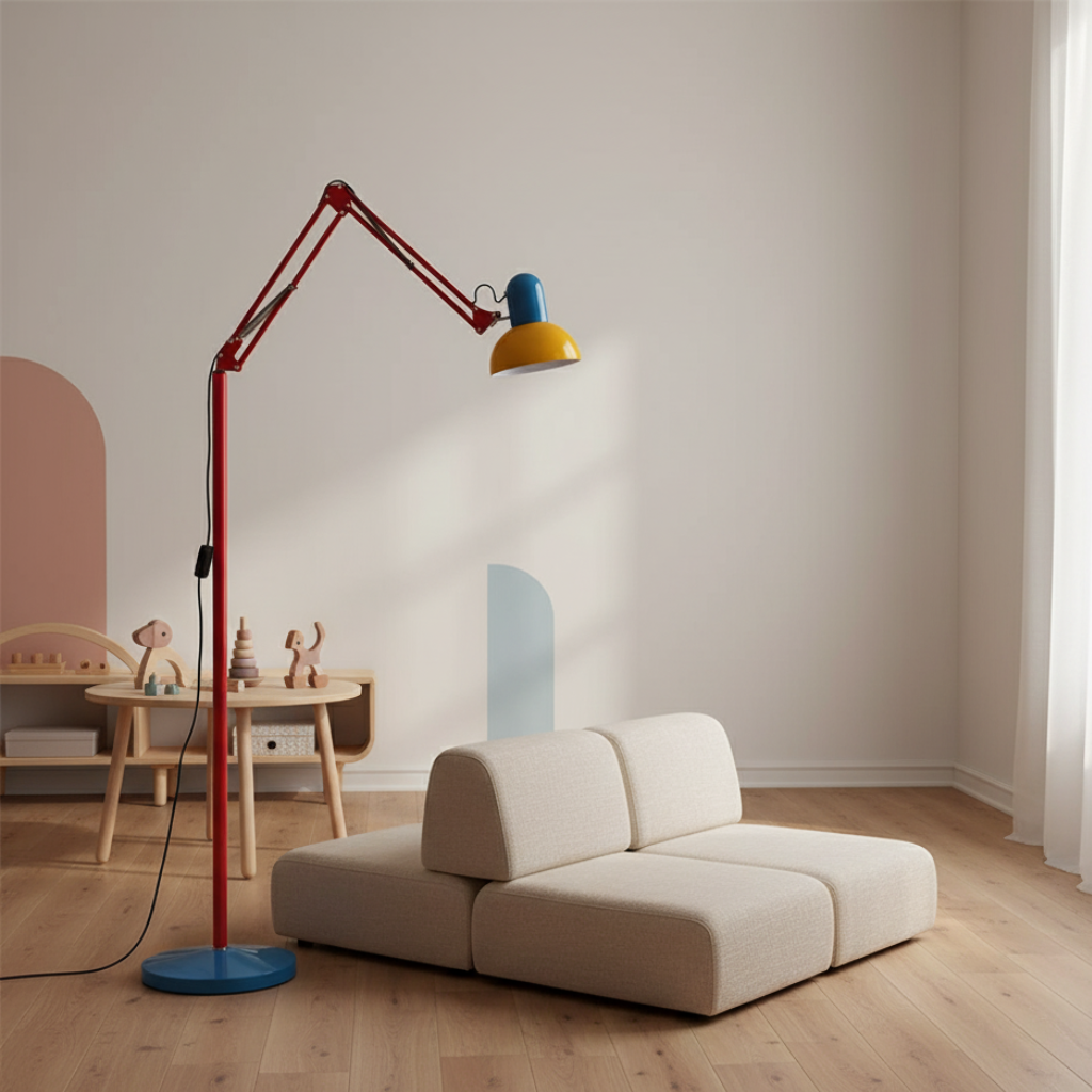 Lámpara de pie colorida con diseño vibrante, iluminación contemporánea para salón.