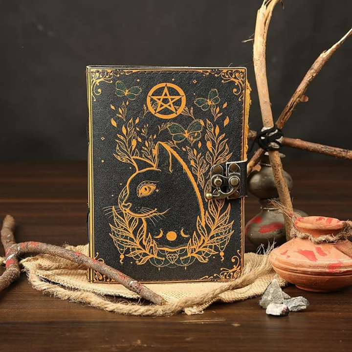 Elegante cuaderno de cuero vintage con gato grabado, excelente para diario, escritura creativa y notas místicas.