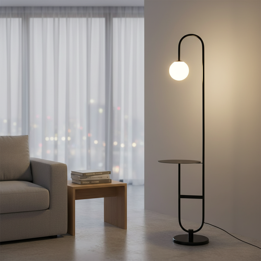 Lámpara de pie escandinava negra con mesa lateral redonda, ideal para lectura y decoración moderna.