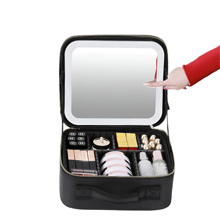 Bolsa de maquillaje de viaje con espejo LED, organizador de cosméticos práctico y elegante.