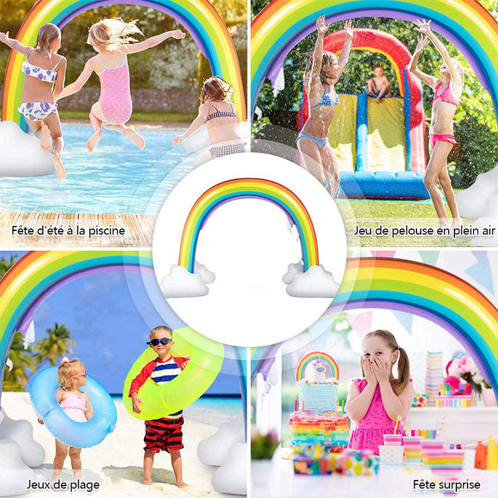 Inflable arcoíris con chorros de agua, diversión garantizada para niños en el jardín.