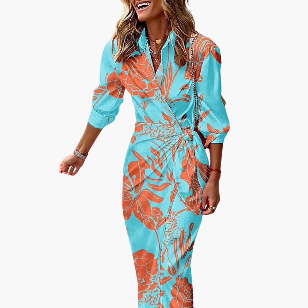 Vestido casual de mujer, corte midi envolvente con cinturón. Versátil para el día a día y eventos.