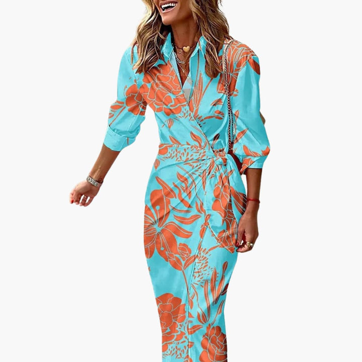 Vestido casual de mujer, corte midi envolvente con cinturón. Versátil para el día a día y eventos.