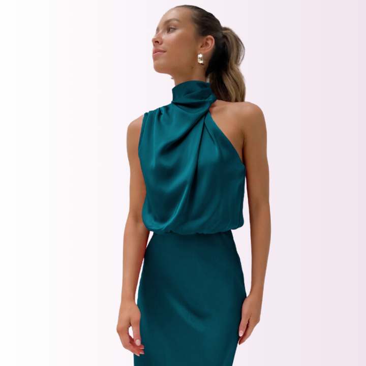 Vestido de noche para mujer, negro, hombros descubiertos, cuello alto, perfecto para gala.
