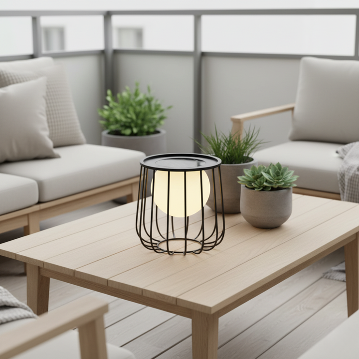 Linterna solar moderna para jardín, patio o balcón. Luz portátil LED de ambiente.