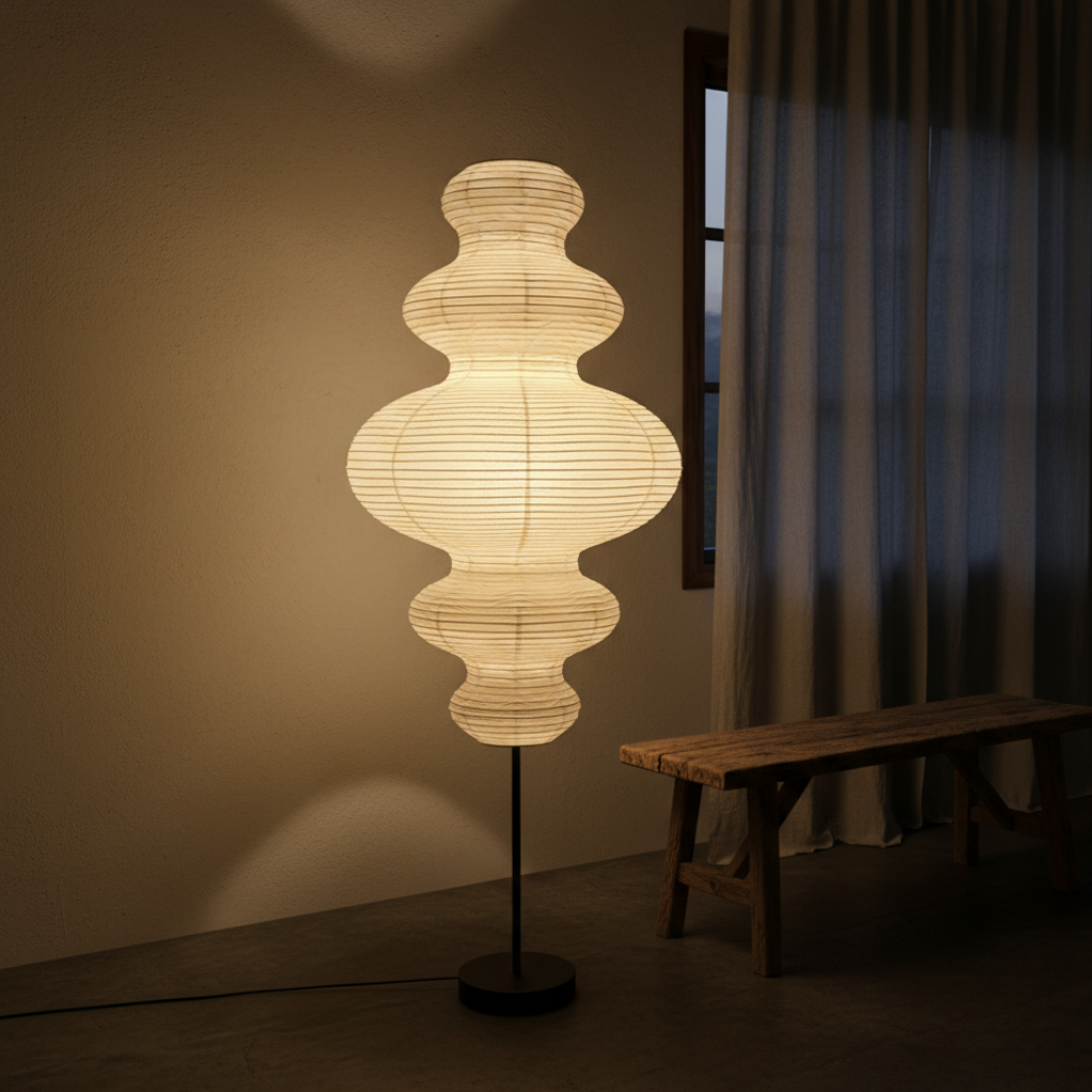 Lámpara de pie Akari Jun, hecha a mano. Perfecta iluminación decorativa para el salón o dormitorio.
