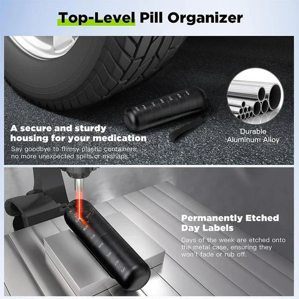Organizador de pastillas semanal de aluminio, portátil, hermético, para medicamentos de viaje.