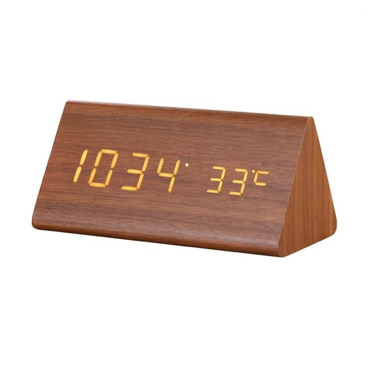 Despertador inteligente con carcasa efecto madera, pantalla digital LED, función de control por voz, estilo para hogar.