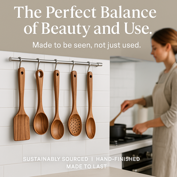 Set de 5 utensilios de cocina de madera natural, duraderos y antiarañazos.