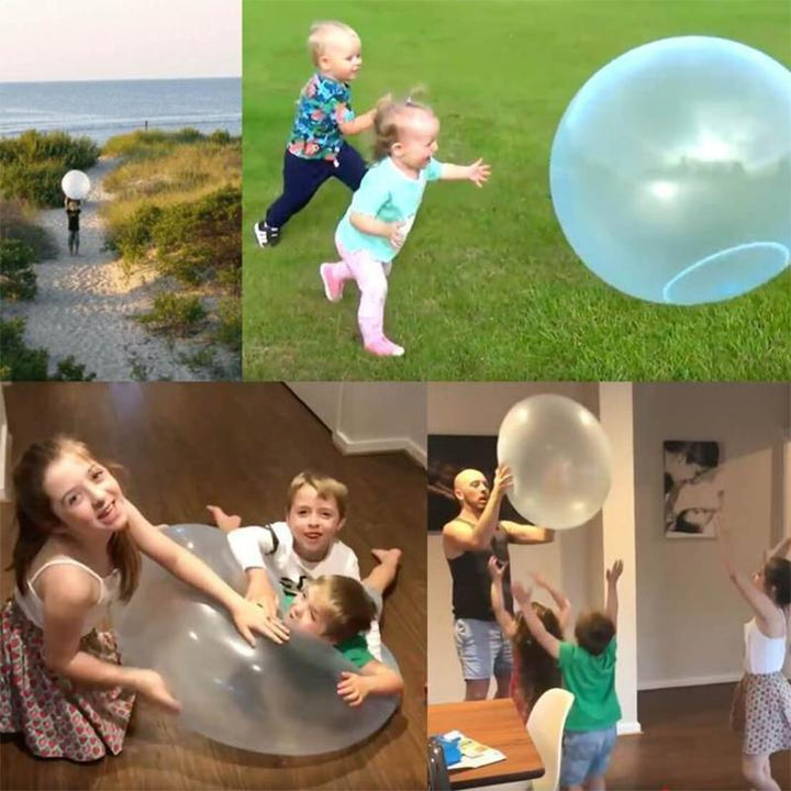 Familia disfrutando con globo bubble gigante. Juguete inflable para actividad y diversión duradera en el jardín.